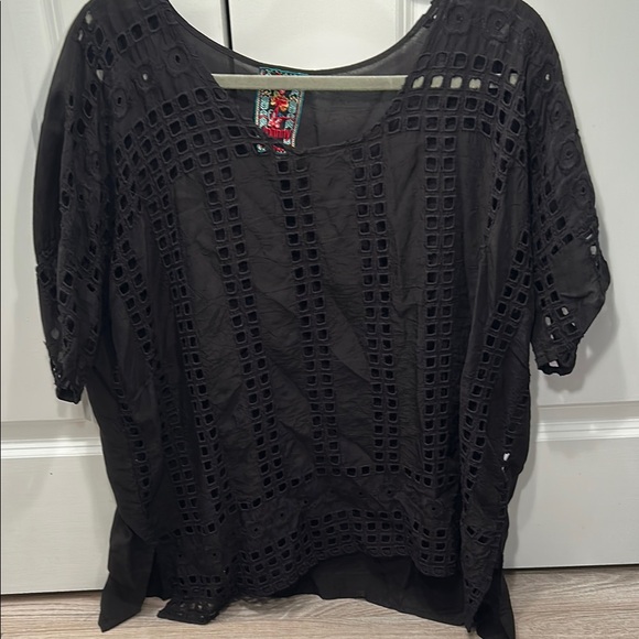 Johnny Was Black Boxy Cut Out short Sleeve Blouse small sheer oversized rayon - Picture 1 of 9
